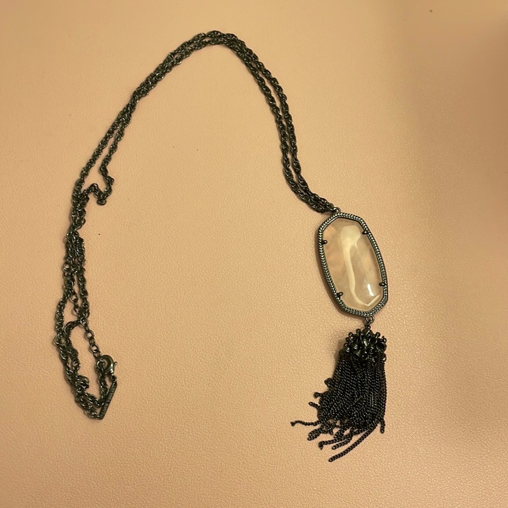 Kendra Scott Rayne necklace in black with rose quartz stone